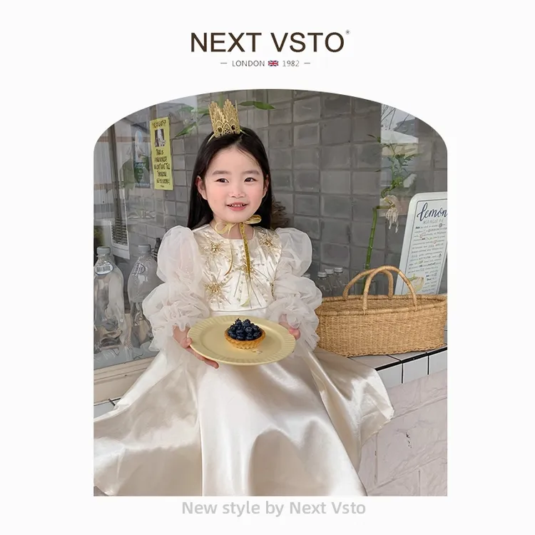 英国NEXT VSTO女童礼服公主裙春秋季时髦女宝宝网纱泡泡袖连衣裙