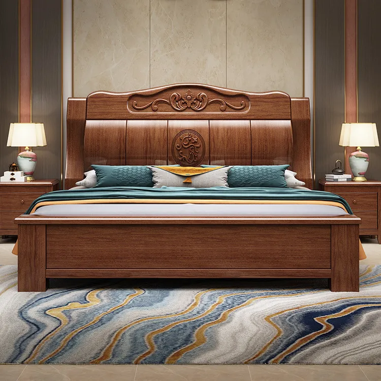 雕花实木加厚加粗主卧室双人床家用高箱气压抽屉储物床905