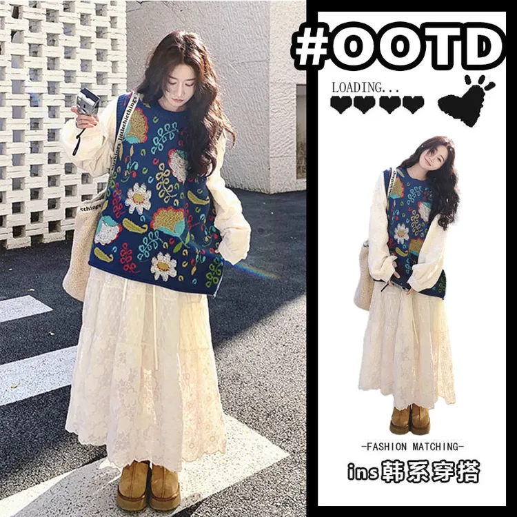 复古艺术生穿搭连衣裙套装女2025初春新款花朵马甲绣花长裙两件套