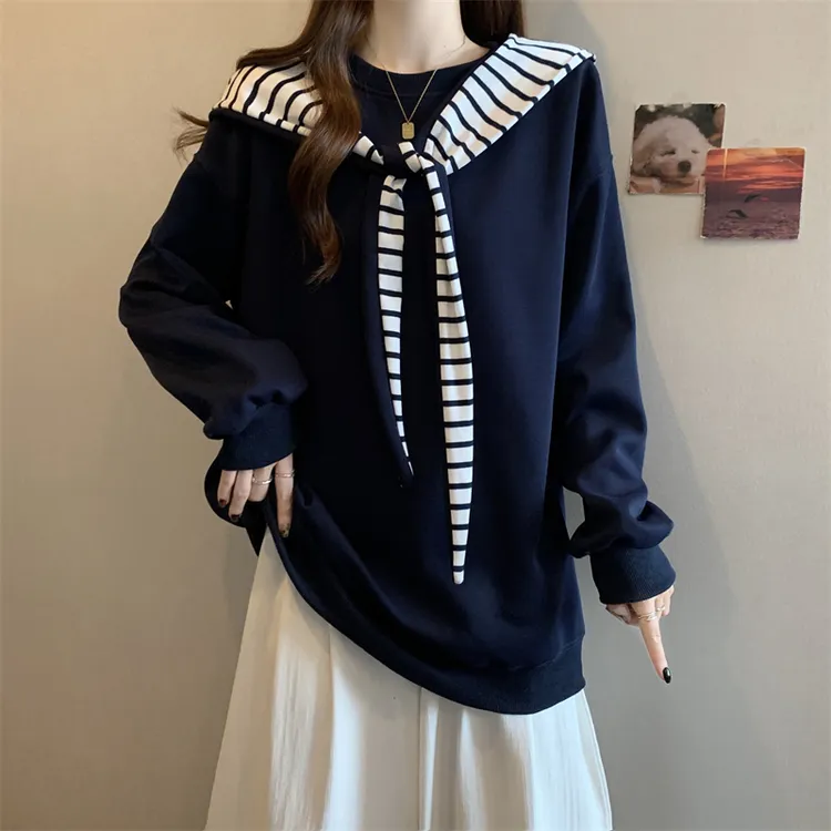时尚韩版撞色条纹披肩长袖卫衣女秋冬大码胖mm慵懒风休闲显瘦上衣