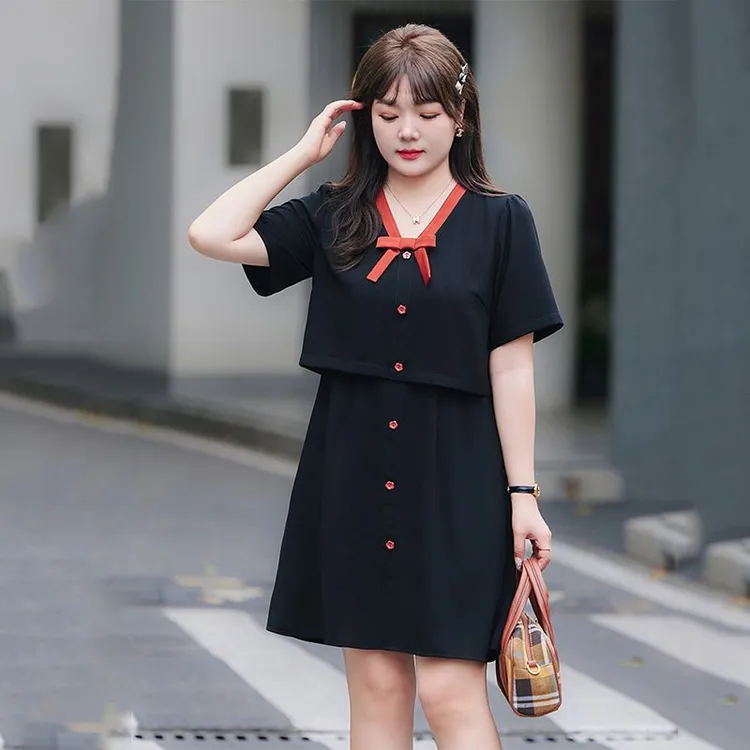 法式气质新款收腰显瘦小黑裙夏季遮肉蝴蝶结减龄大码假两件连衣裙