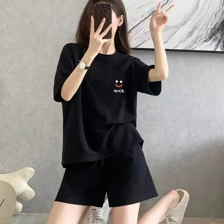 极简黑色时尚大码百搭短袖套装薄款短裤一整套宽松休闲学生两件套