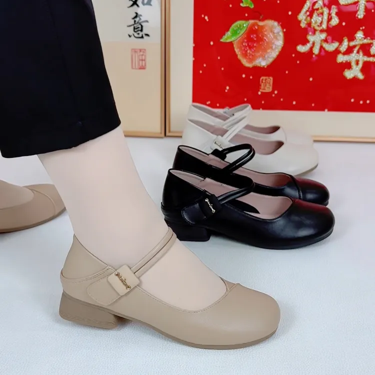 （软皮质）2025夏季新款软底舒适低跟妈妈鞋2公分百搭时尚简约单鞋
