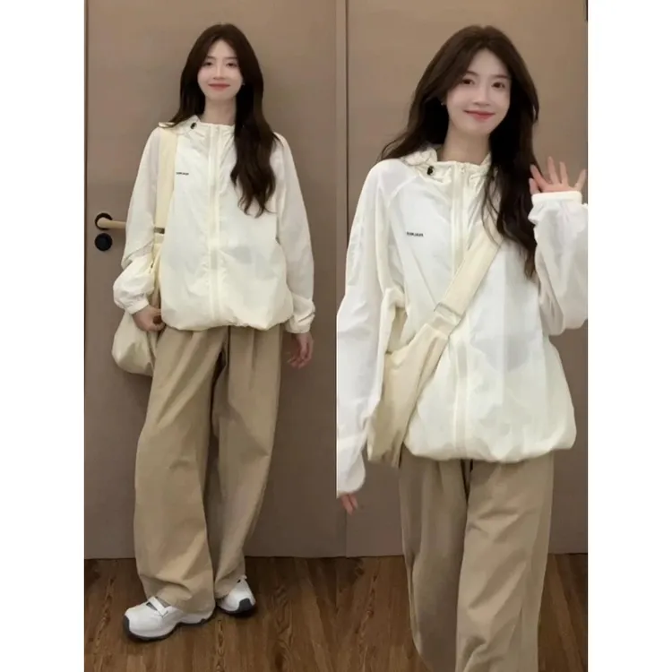 杏色薄款防晒衣外套女夏季2025年新款户外运动宽松连帽防晒服上衣