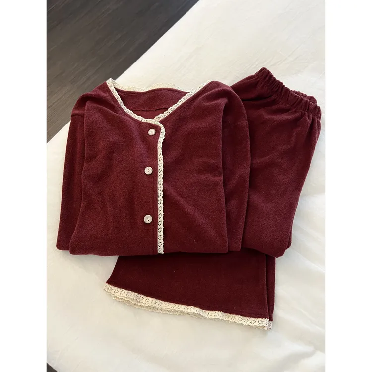 甜美少女花边德绒睡衣女春秋季新款加绒加厚保暖家居服套装可外穿