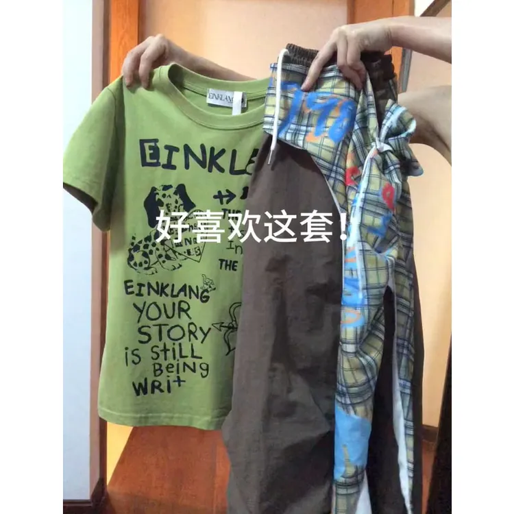 夏季穿搭一整套2025新款美式辣妹印花正肩短袖屁帘工装裤两件套装