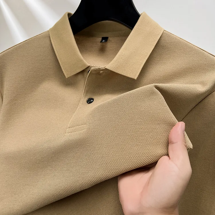 高档丝光棉男士长袖恤春秋季翻领纯色休闲爸爸装衫男男装宽松薄款