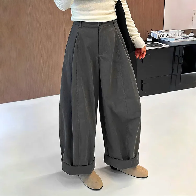 韩版高腰显瘦休闲弯刀直筒裤女2025早秋新款休闲百搭阔腿卷边长裤