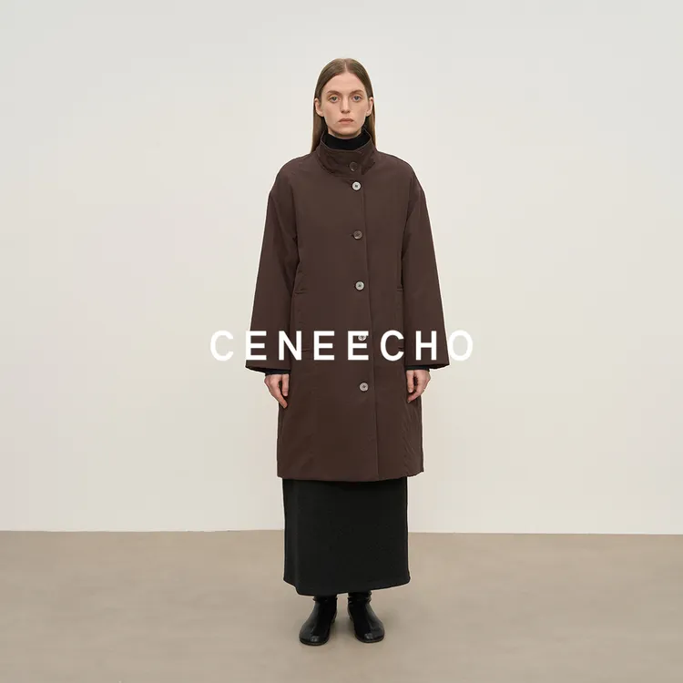 CENEECHO【SUSU系列】长绒棉单排扣风衣外套女小众立领上衣H013