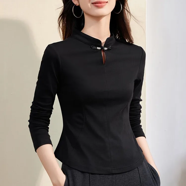 杜拉妮国风盘扣打底衫女季2025新款设计感半高领修身内搭黑色长袖