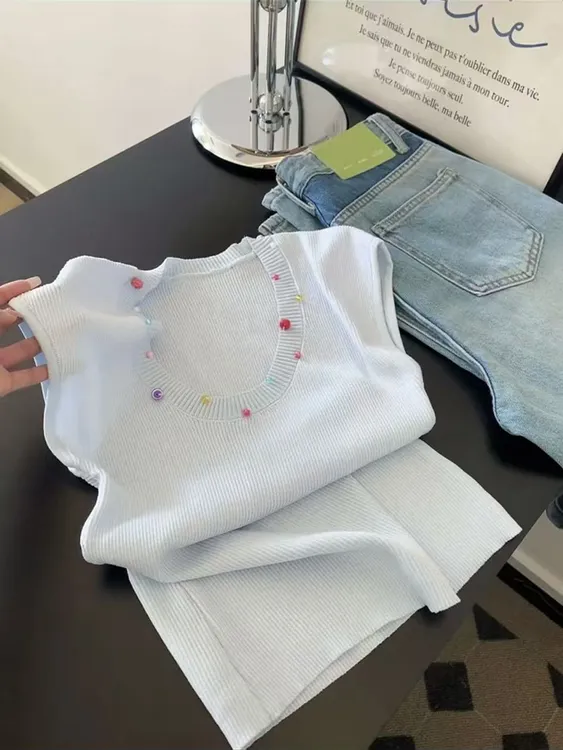 彩扣多巴胺蓝色针织短袖t恤女小个子短款修身显瘦飞袖设计感上衣