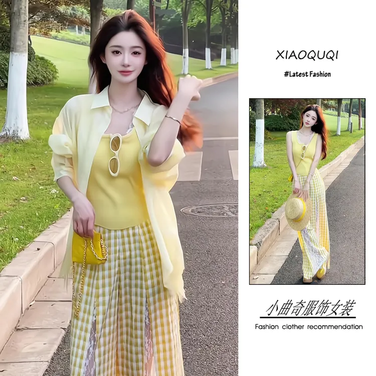 今年流行穿搭一整套2025新款韩版高级感衬衫蕾丝背心阔腿裤三件套