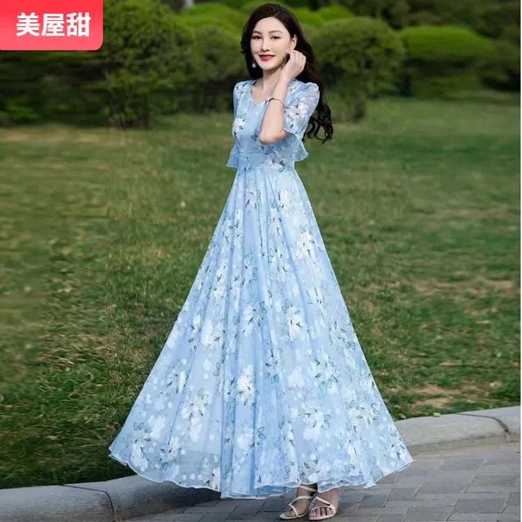 1大摆中长款连衣裙女春夏V领短袖大摆裙海边度假拍照长裙I