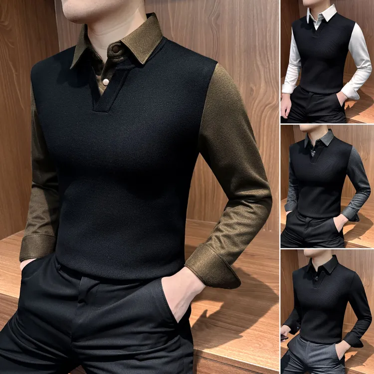 假两件衬衫男款爆款2025新款潮流男装秋冬款英伦风痞帅打底长袖男