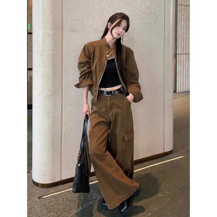 复古高级感春秋季穿搭套装女宽松显瘦工装风咖色外套阔腿裤两件套