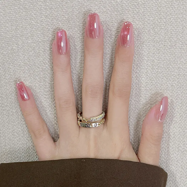 桃腮流霞 电镀水蜜桃粉猫眼气质显白手工穿戴甲温柔甜美短款美甲