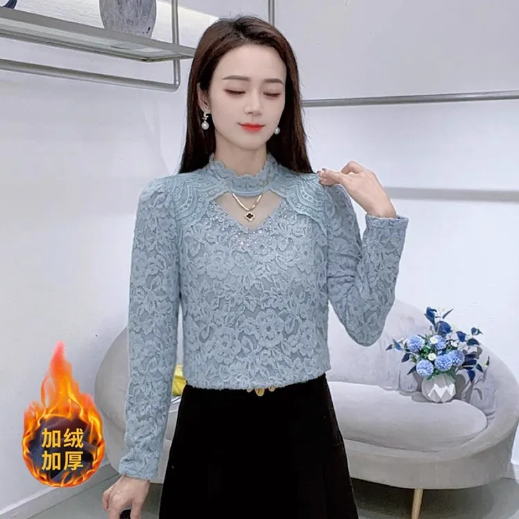 洋气减龄蕾丝打底衫女今年冬季新款时尚加绒保暖半高领内搭上衣服