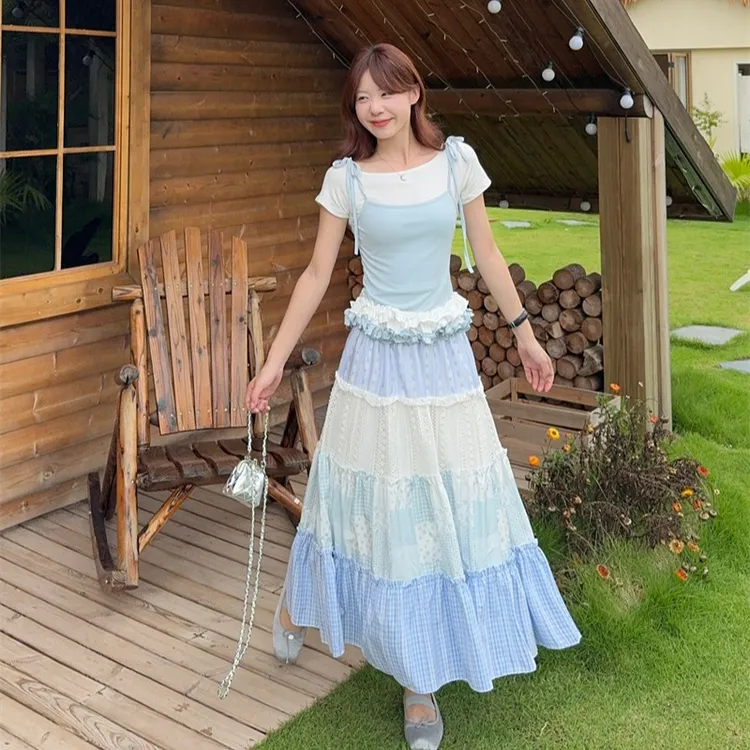 甜美度假风套装女夏季2025新款拼接木耳边假两件上衣渐变蛋糕长裙