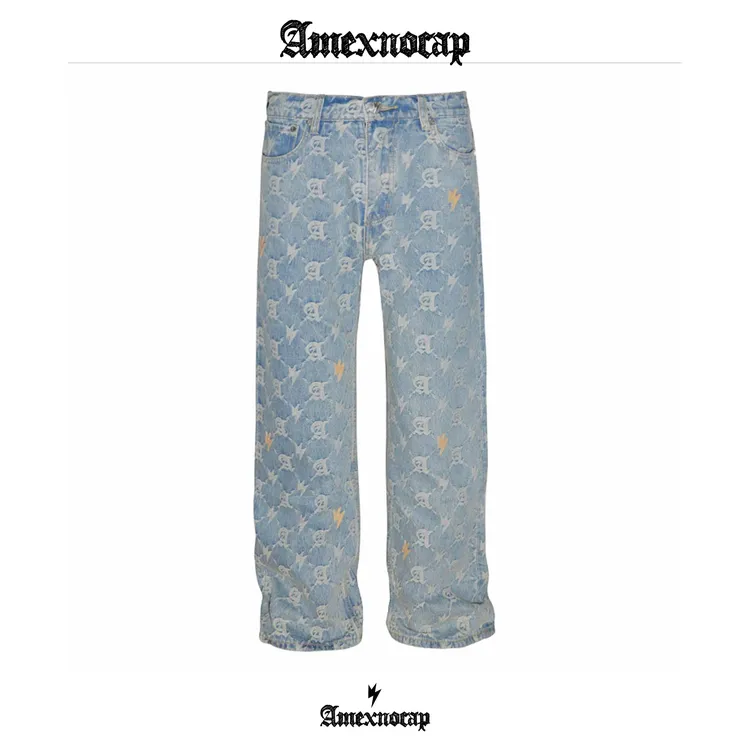 【老花牛仔裤】Amexnocap闪电牛阔腿时尚牛仔裤宽松高腰休闲裤