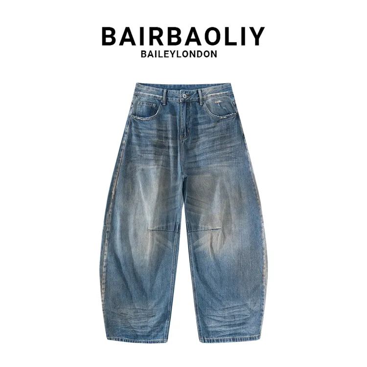 BAIRBAOLIY美式高街复古弯刀折痕水洗牛仔裤新款宽松休闲百搭长裤