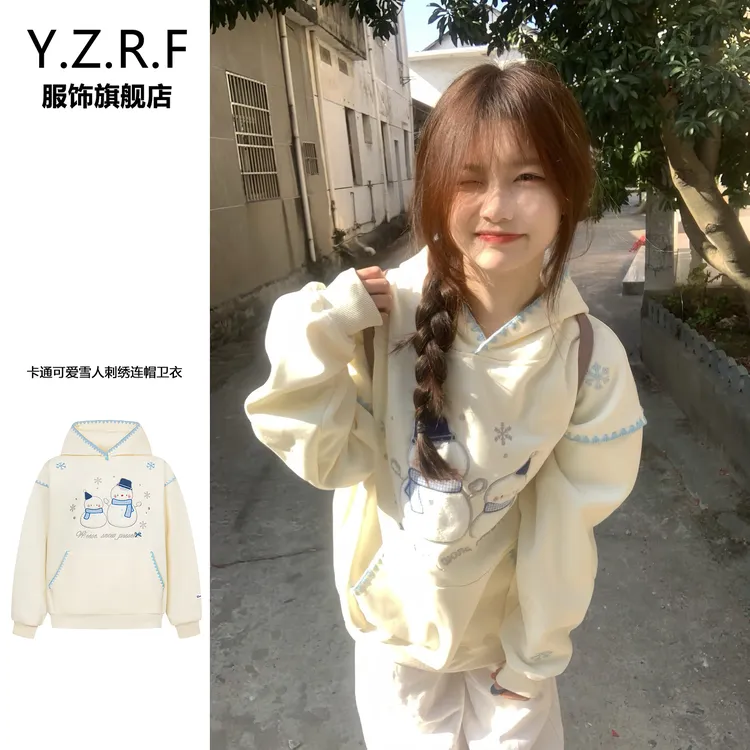 美式复古卡通刺绣雪人连帽卫衣女秋冬季2025新款宽松慵懒上衣外套