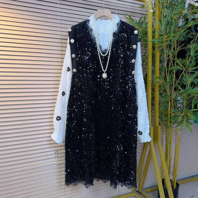 6846胖妹妹时尚甜美减龄中长款设计感坎袖连衣裙叠加植绒打底套装