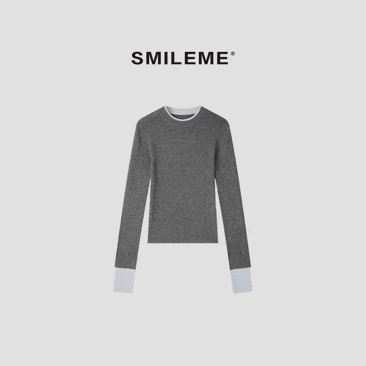 3-SMILEME【未知浪漫】简约撞色假两件针织毛衫上衣R5476078