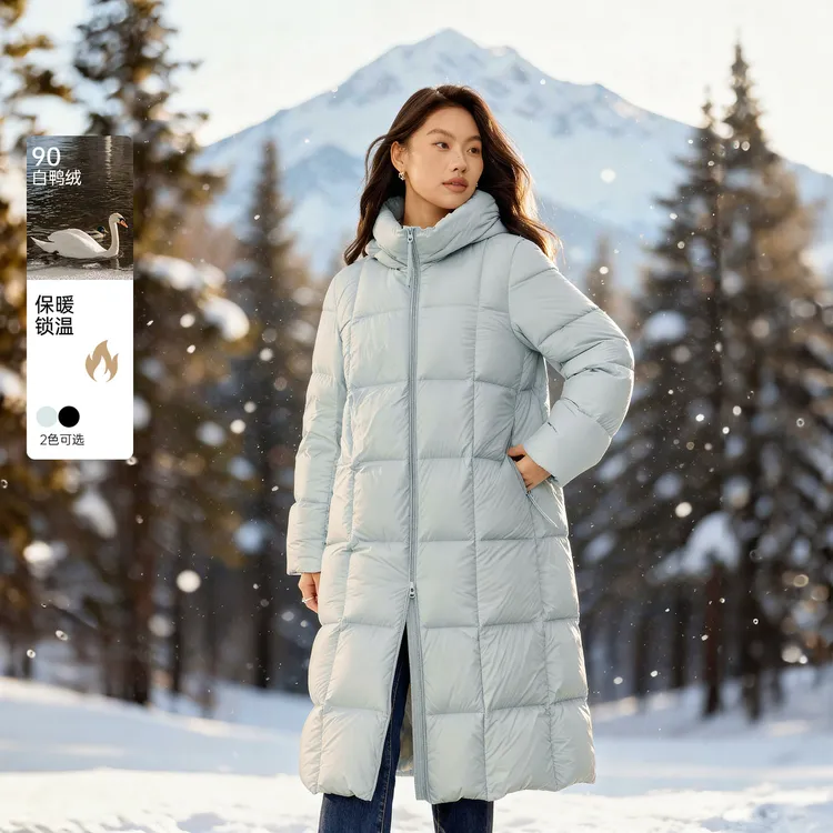 【90%鸭绒】纤莉秀W大码女装简约时尚连帽保暖中长款羽绒服QK2860