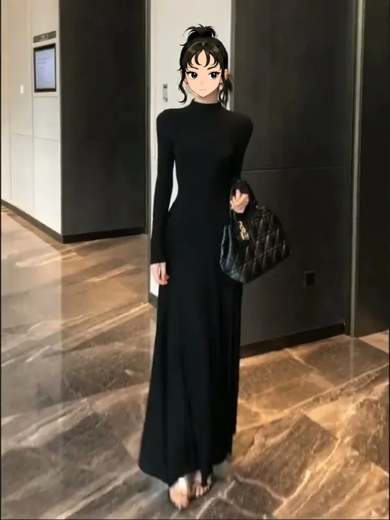 秋季气质洋气穿搭修身显瘦赫本风打底长袖黑色连衣裙女针织半高领