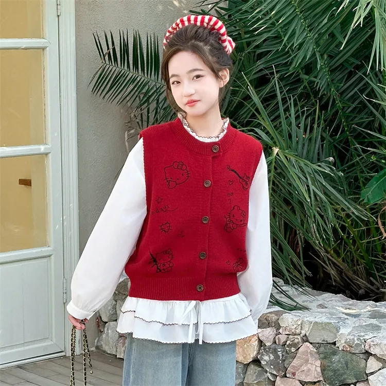 女童套装2026春装新款6-12岁洋气休闲学院风针织马甲衬衫两件套