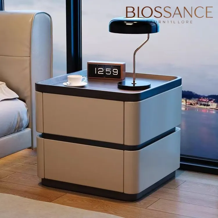 简约意式轻奢实木床头柜智能收纳设计家用高级带密码锁床边柜