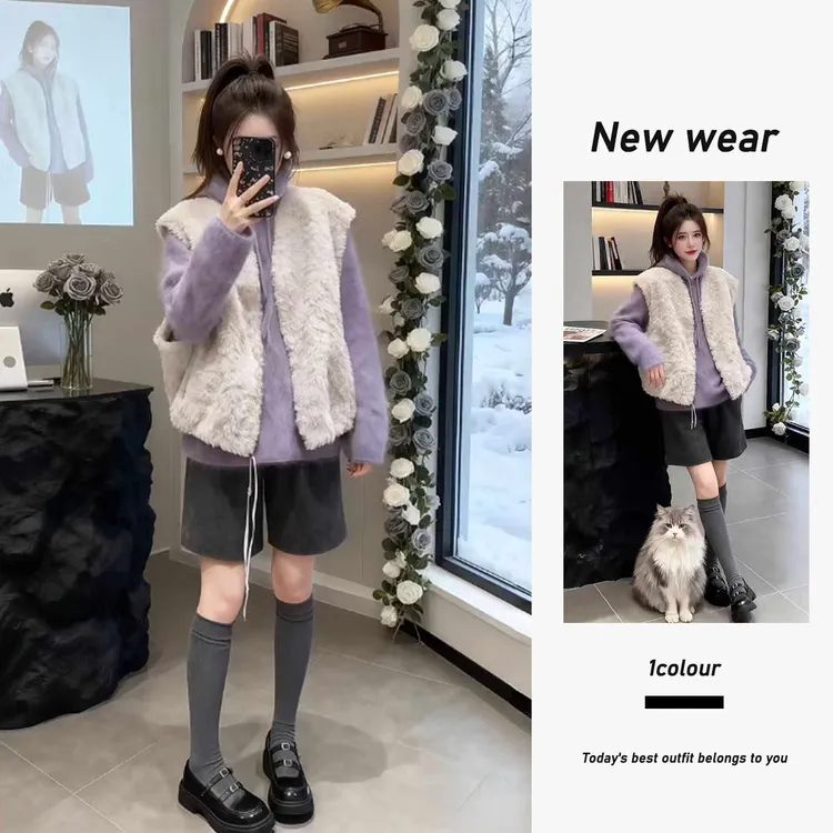 巨好看的穿搭一整套高级感毛绒绒外套连帽毛衣显瘦阔腿短裤三件套