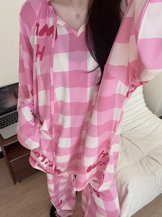 【DMXJ大梦想家】韩版ins棉绸睡衣女春撞色格子长袖裤宽松家居服