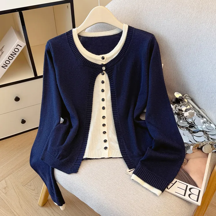 假两件针织开衫秋冬新品设计感短款小众慵懒洋气百搭毛衣外套上衣