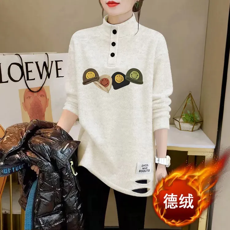德绒半高领保暖显瘦长袖T恤女白色破洞纽扣加厚保暖打底衫上衣