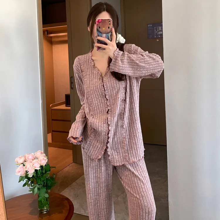 韩系设计感木耳边睡衣女春秋季时尚舒适长袖家居服两件套装可外穿