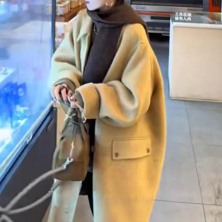 时尚纯色中长款厚款大衣外套洋气精品百搭新款女装秋冬冬季气质