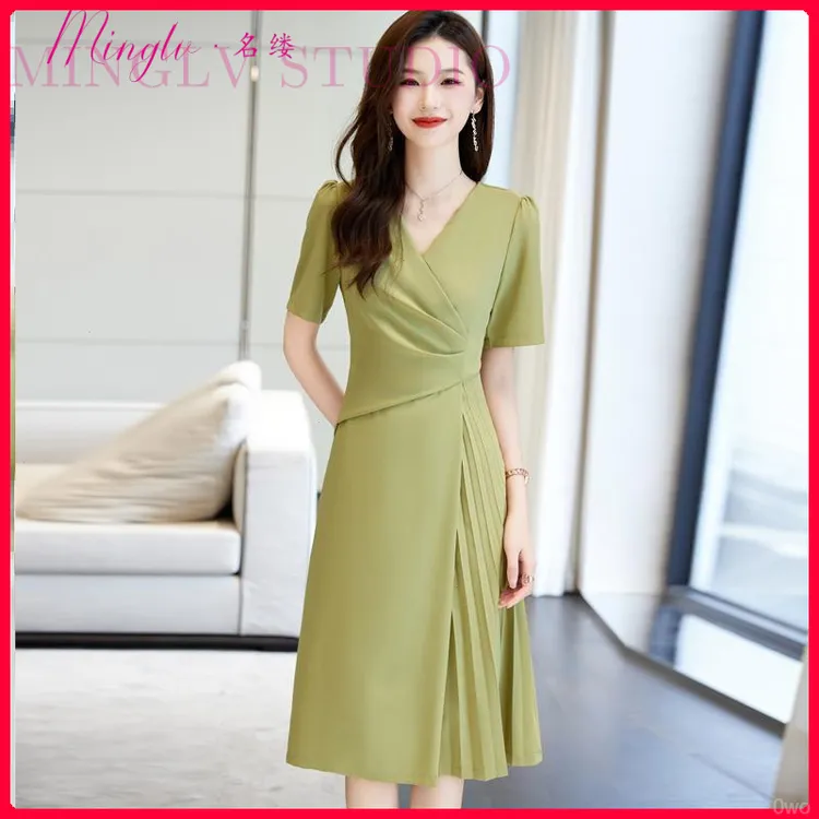 拼接百褶修身连衣裙女2025夏季新款气质薄款名媛淑女范过膝裙子潮