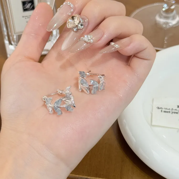 锌合金锆石耳饰 超闪蓝叶子气质百搭耳环女森系小众简约甜美耳钉