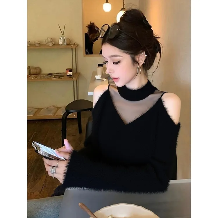 秋季韩系漂亮软糯慵懒风百搭上衣气质名媛高级感黑色露肩针织毛衣