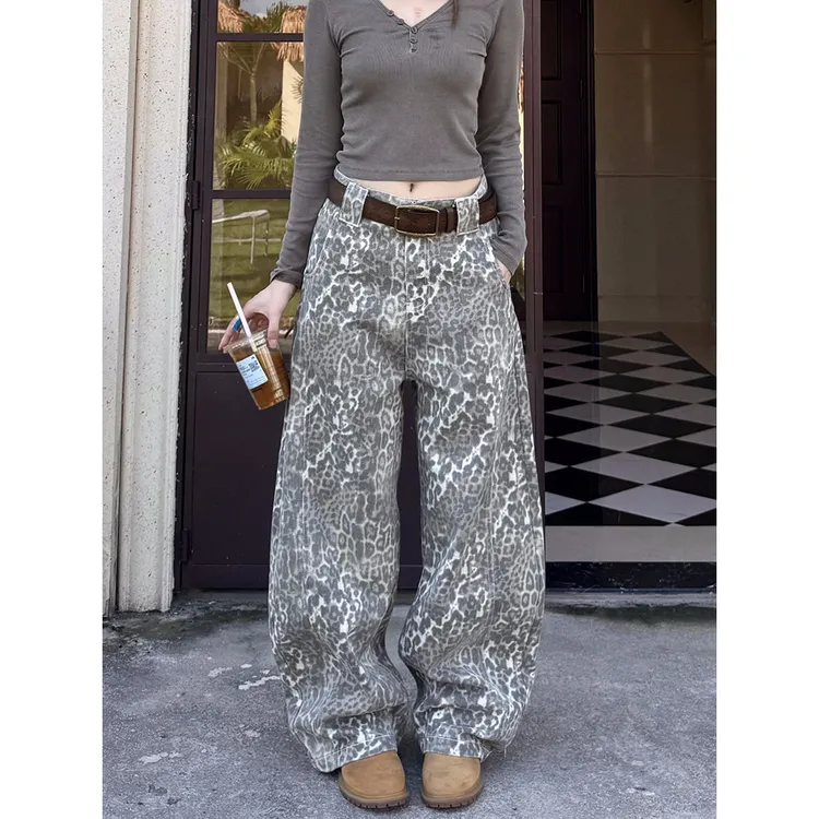 复古解构豹纹弯刀牛仔裤女秋季新款宽松阔腿显瘦直筒拖地百搭裤子