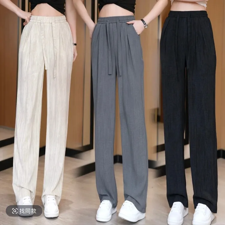 冰丝阔腿裤女夏季2025年新款高腰抽绳肌理感慵懒美式薄款拖地裤子