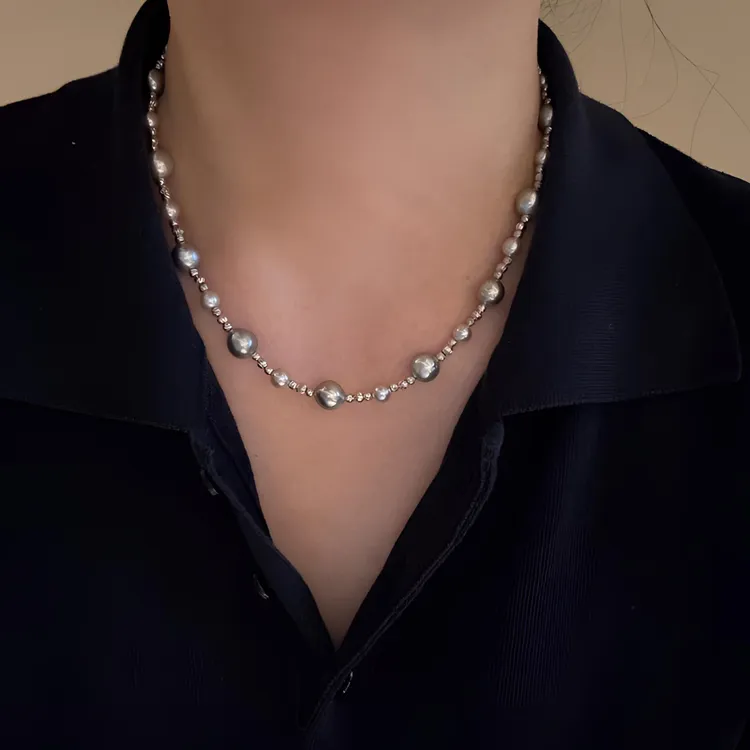 【珠纪儿】海水珍珠6-10mm倪妮款铂金灰色系珍珠项链S925银