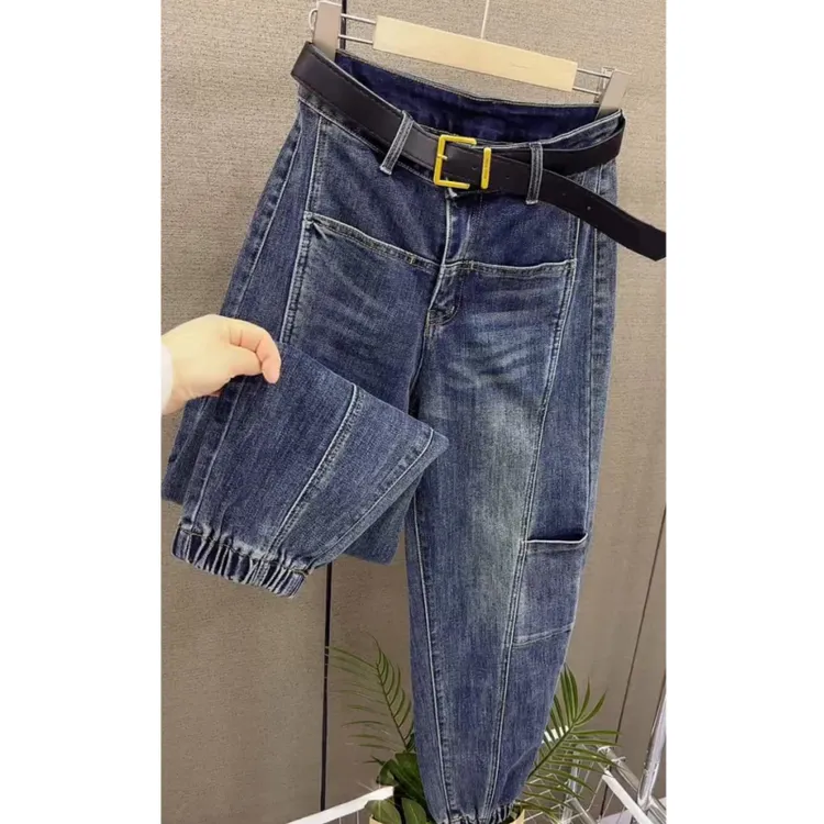 2025年春季新款大码工装哈伦牛仔裤女梨型身材弹力显瘦九分束脚裤