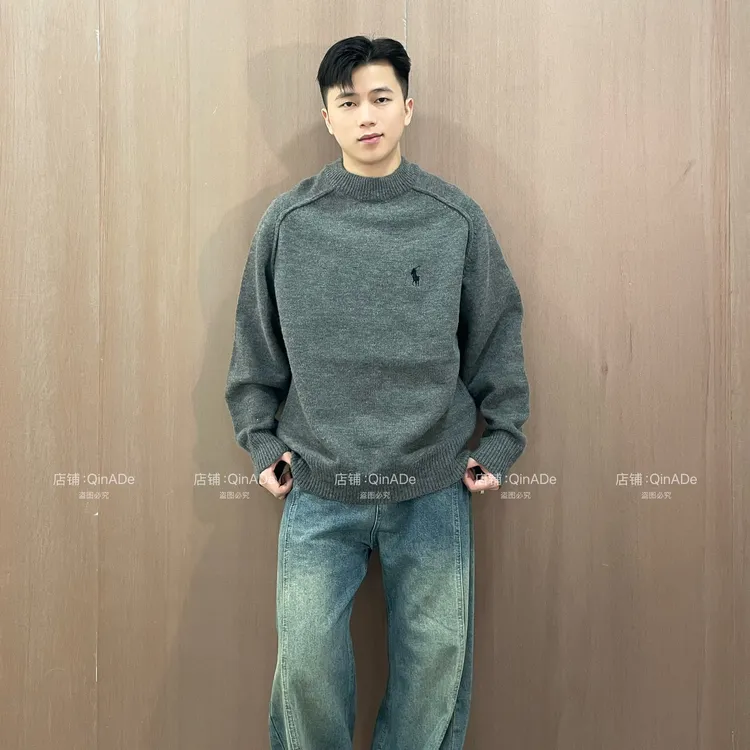 QinADe秋冬简约基础刺绣纯色针织衫套头毛衣百搭休闲上衣情侣款