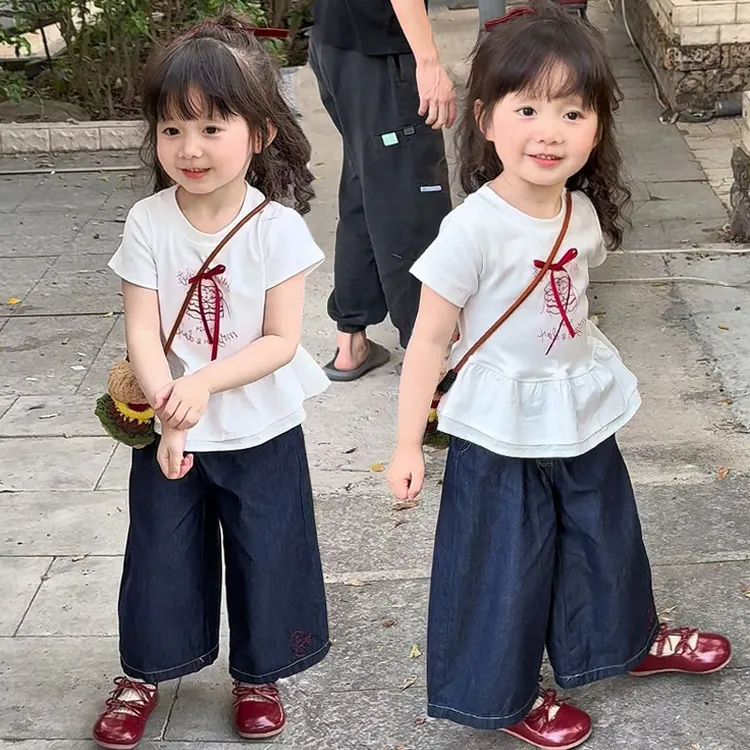 女童t恤阔腿裤套装2025夏季女宝宝白色蝴蝶结上衣牛仔裤两件套潮