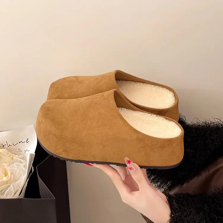 厚底勃肯包头毛毛半拖鞋勃肯鞋加绒女外穿秋冬季新款复古半托拖鞋