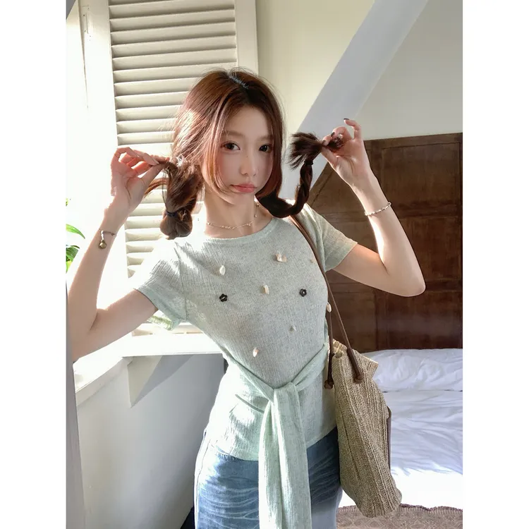 设计感拼接珠片短袖针织T恤女夏季绑带修身韩系甜美圆领显瘦上衣