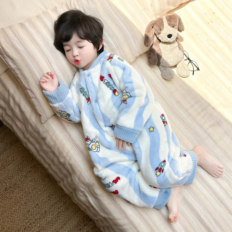 儿童连体睡衣秋冬季卡通奥特曼一岁婴儿宝宝睡袋男童珊瑚绒防踢被