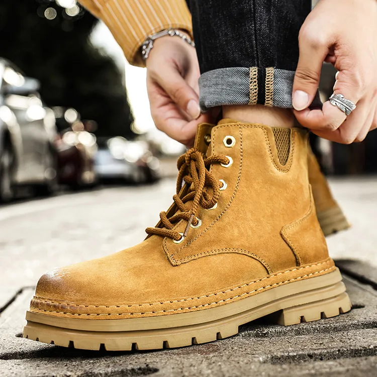 真皮马丁靴男新款增高中帮工装鞋秋季英伦短靴厚底高帮拉链大黄靴